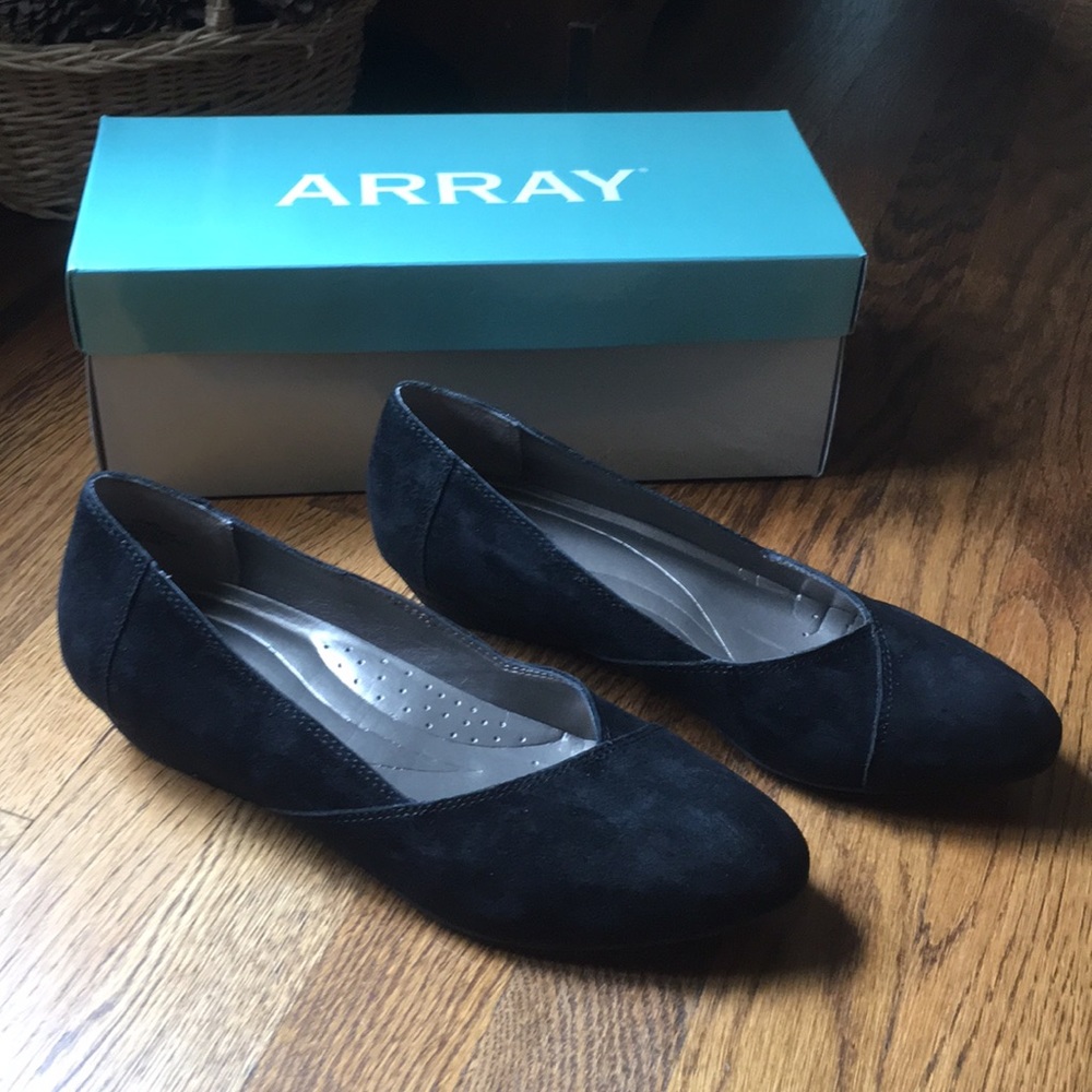 Black suede “Elise” slip-on wedge heels